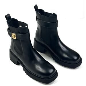 Steve Madden Gates Chelsea Boots Black Leather Womens 9.5M Buckle Lug New $140